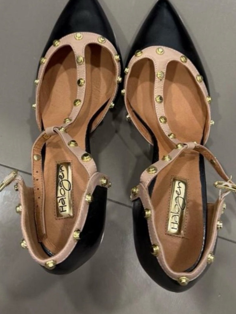 Halogen Black Pointed T-Strap Flats with Blush Stud Accents